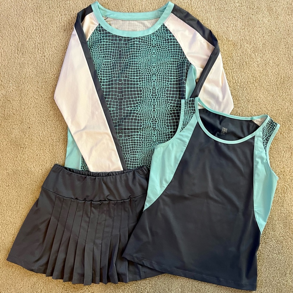 Tail tennis Three piece outfit XS S tank skirt long sleeve shirt